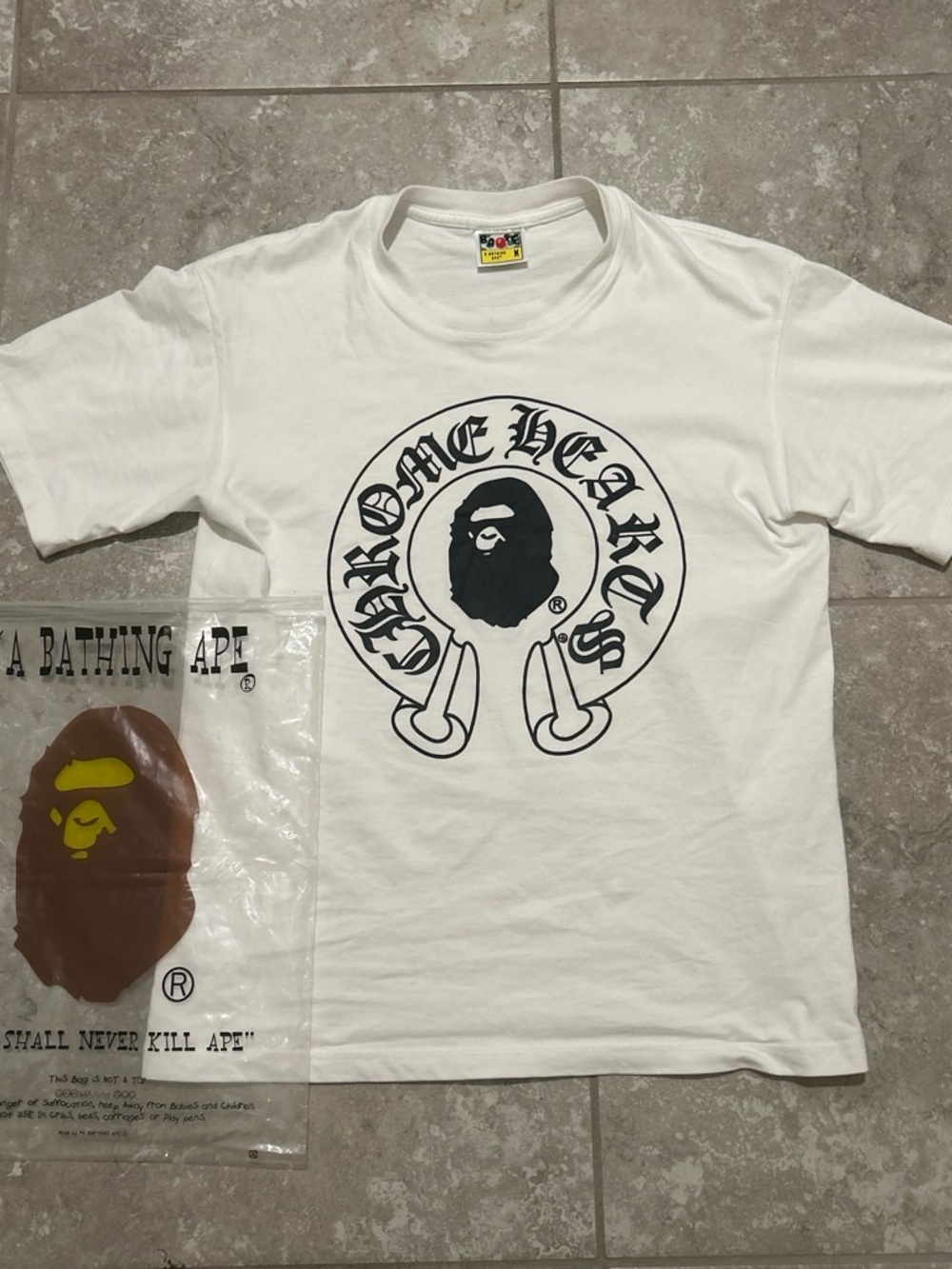 Bape White Short Sleeve Tee with Black Chrome-Style Ape Logo